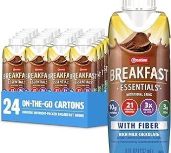 Carnation Breakfast Essentials Ready to Drink with Fiber, Rich Milk Chocolate, 8 FL OZ Carton (Pack of 24)